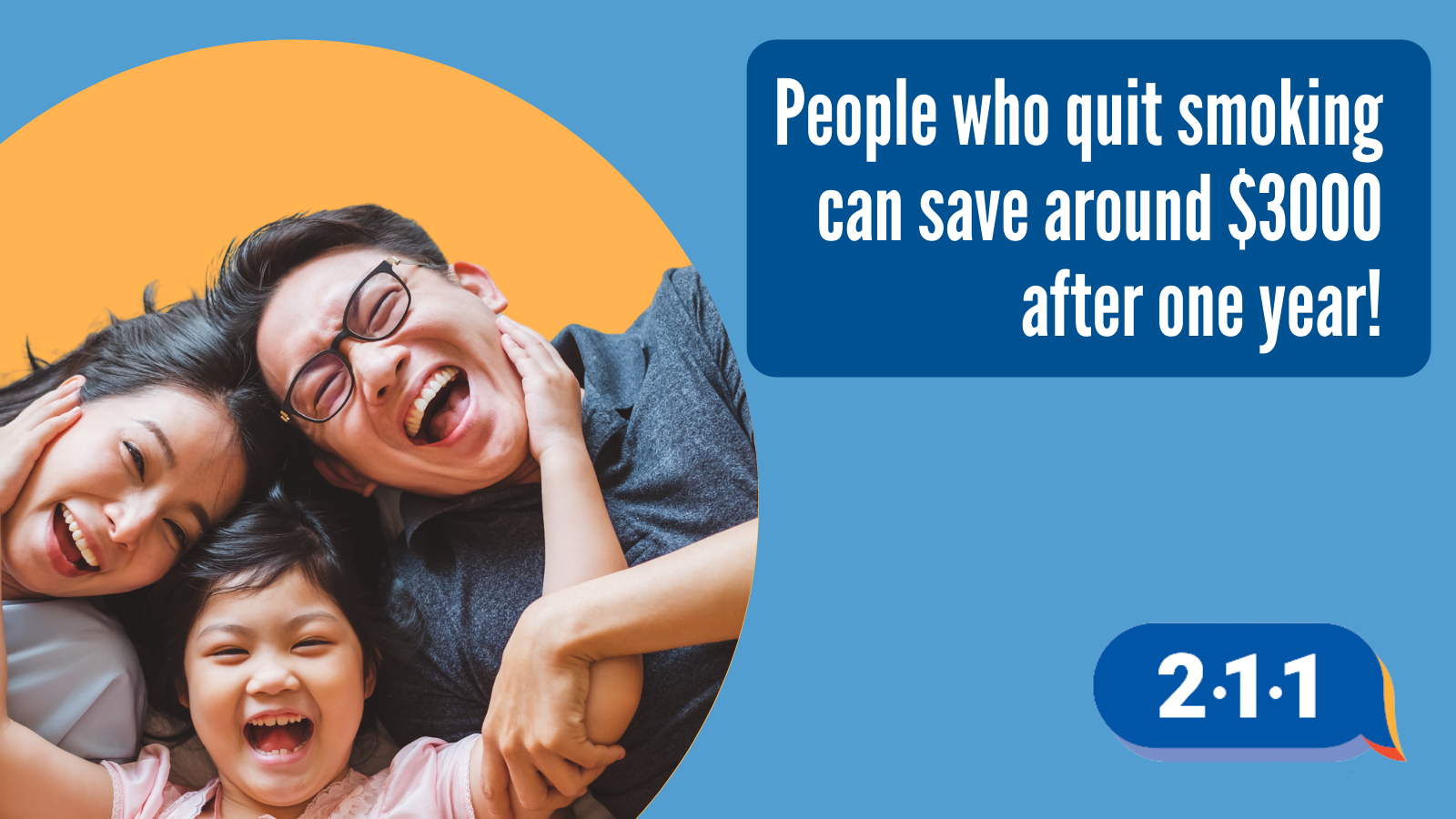 Asian smiling family and text: People who quit smoking can save around $3000 after one year! 2-1-1